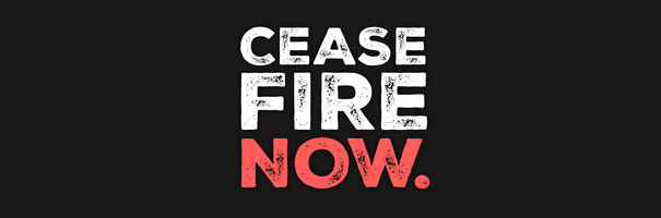 Text: Ceasefire now